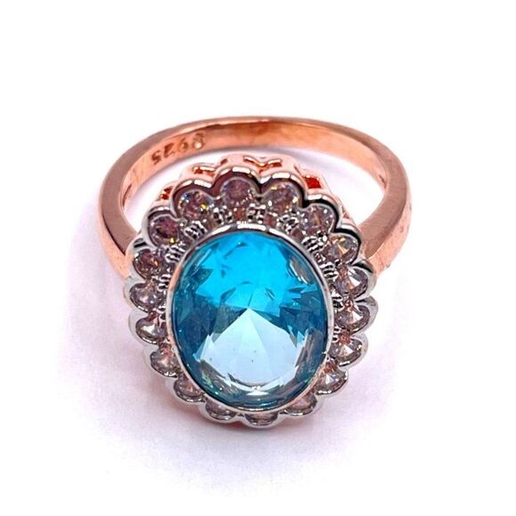 .925 Sterling Silver Rose Gold with Blue and White Cubic Zirconia Ring Size 9 - Picture 3 of 6